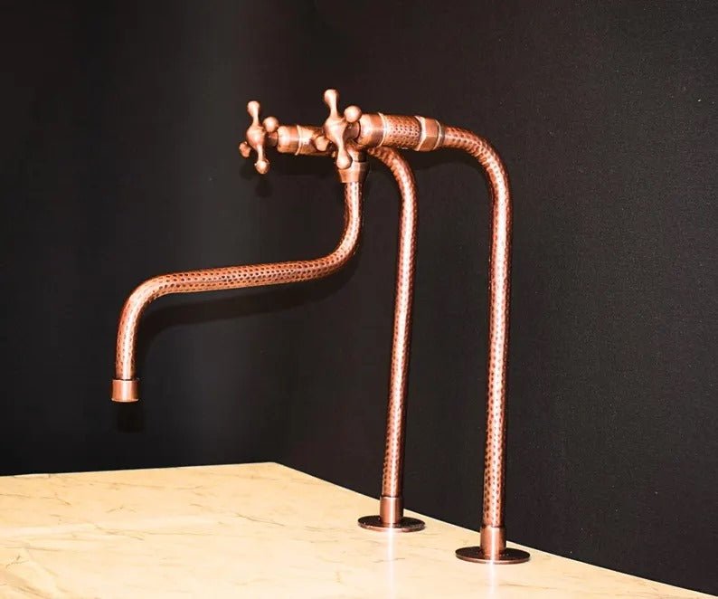 Handcrafted Hammered Copper Kitchen Faucet with dual cross handles and brass finish for durability and classic style.