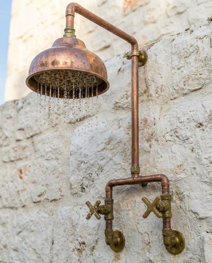 Handcrafted Outdoor Copper Rain Shower – Wall-Mounted Rustic Shower with Cross Handles - Brasska