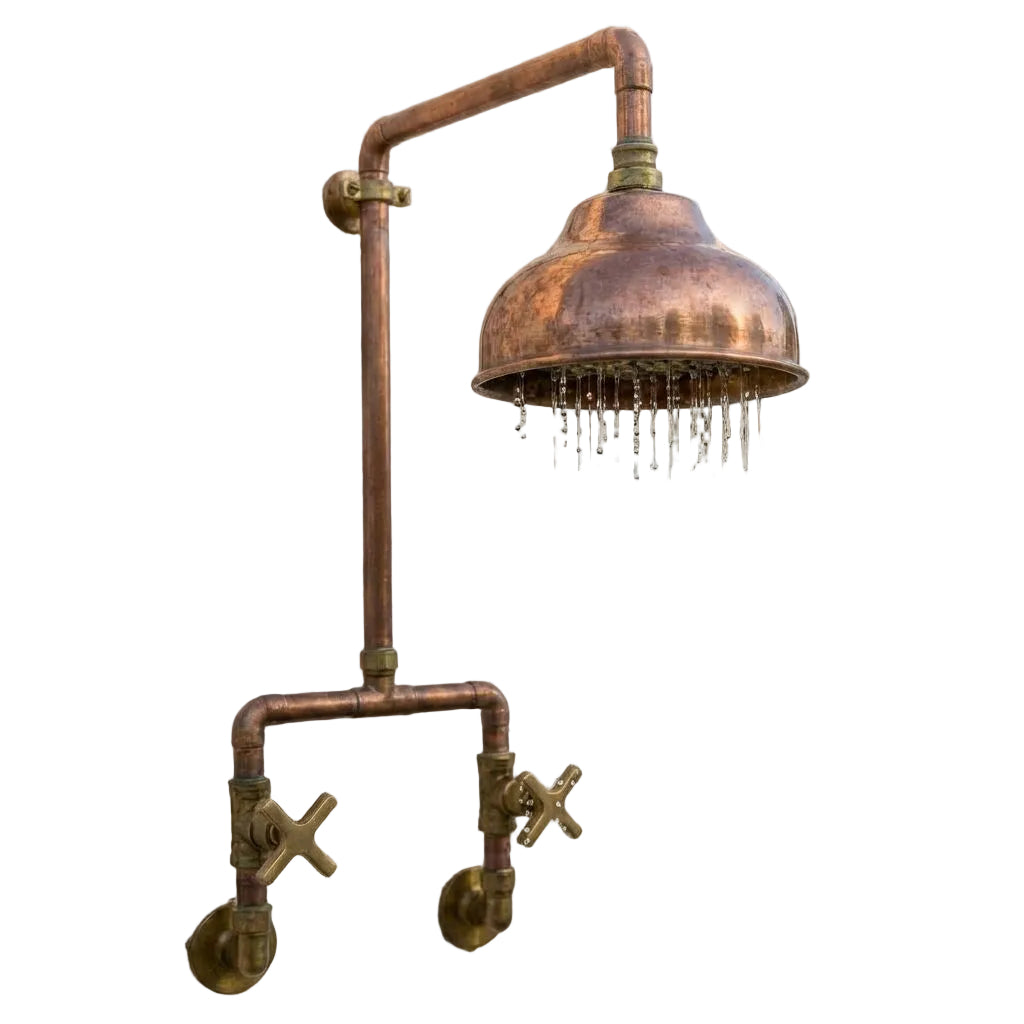 Handcrafted Outdoor Copper Rain Shower – Wall-Mounted Rustic Shower with Cross Handles - Brasska