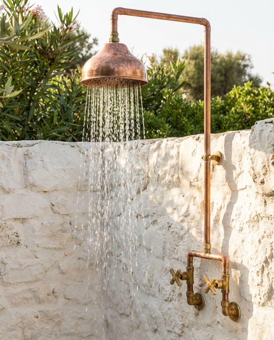 Handcrafted Outdoor Copper Rain Shower – Wall-Mounted Rustic Shower with Cross Handles - Brasska