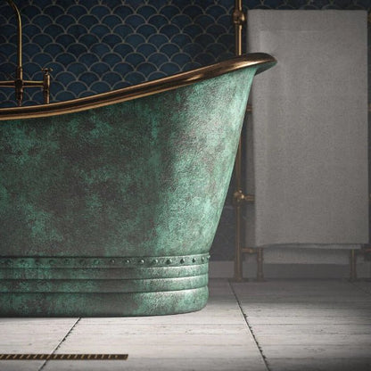 Handcrafted Patina Copper Bathtub with Rose Gold Interior, showcasing a vintage-style soaking tub with a textured copper exterior and luxurious rose gold interior.