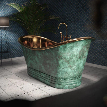 Handcrafted Patina Copper Bathtub with Rose Gold Interior, featuring aged copper exterior and shiny rose gold interior for luxurious soaking.