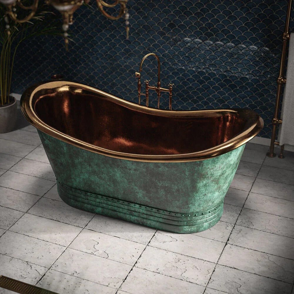 Handcrafted Patina Copper Bathtub with Rose Gold Interior, featuring vintage design and high-quality copper and rose gold finish.