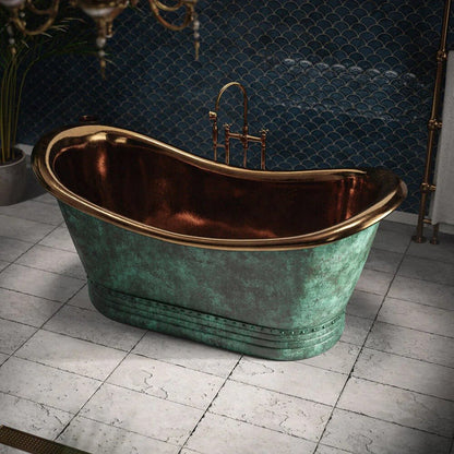 Handcrafted Patina Copper Bathtub with Rose Gold Interior, featuring vintage design and high-quality copper and rose gold finish.