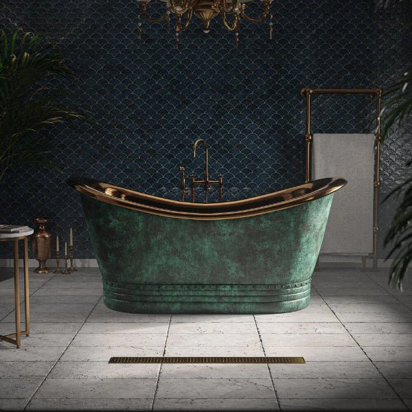 Handcrafted Patina Copper Bathtub with Rose Gold Interior, showcasing a vintage-style soaking tub with a textured copper exterior and shiny rose gold interior.