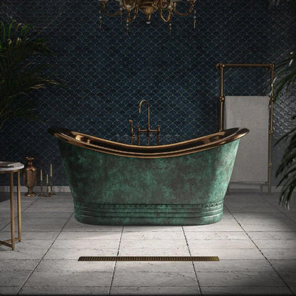 Handcrafted Patina Copper Bathtub with Rose Gold Interior, showcasing a vintage-style soaking tub with a textured copper exterior and shiny rose gold interior.