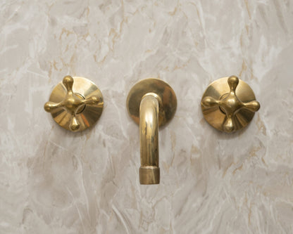 Handcrafted Three-Hole Unlacquered Brass Wall Mounted Vanity Faucet - Brasska