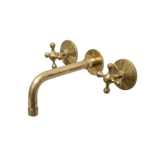 Handcrafted Three-Hole Unlacquered Brass Wall Mounted Vanity Faucet - Brasska