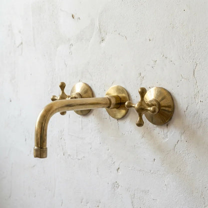 Handcrafted Three-Hole Unlacquered Brass Wall Mounted Vanity Faucet - Brasska
