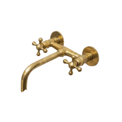 Handcrafted Unlacquered Brass Wall Mounted Tub Filler With Cross Handles - Brasska