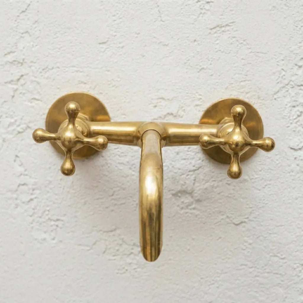 Handcrafted Unlacquered Brass Wall Mounted Tub Filler With Cross Handles - Brasska