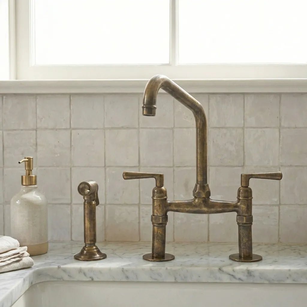 Handmade Antique Brass Bridge Kitchen Faucet - Brasska