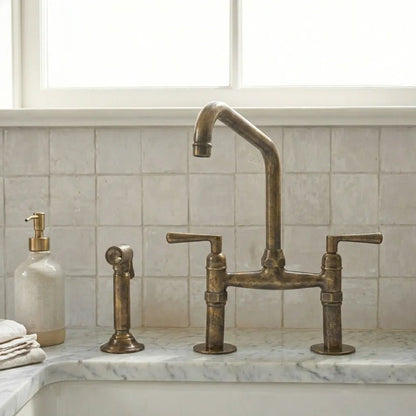 Handmade Antique Brass Bridge Kitchen Faucet - Brasska