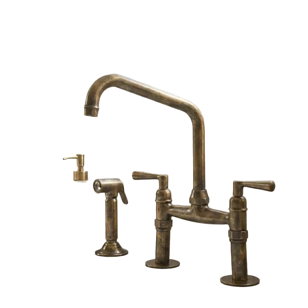 Handmade Antique Brass Bridge Kitchen Faucet - Brasska