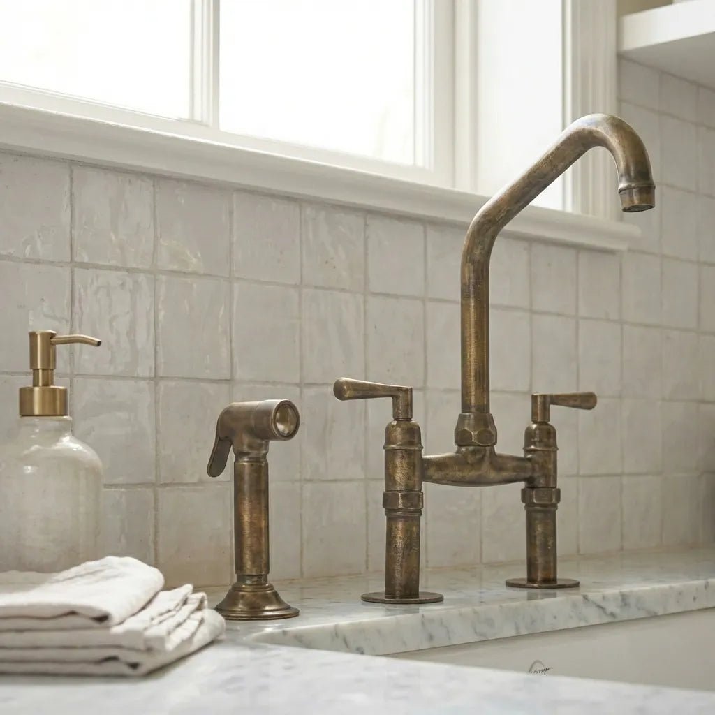 Handmade Antique Brass Bridge Kitchen Faucet - Brasska
