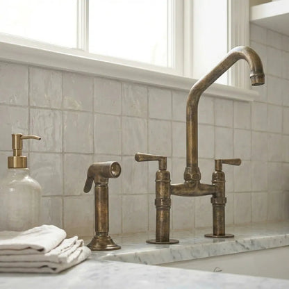 Handmade Antique Brass Bridge Kitchen Faucet - Brasska
