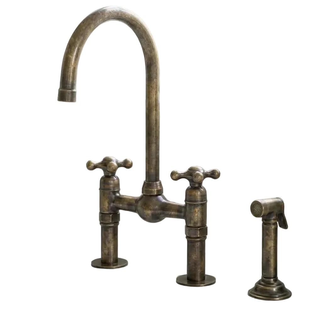 Handmade Antique Brass Gooseneck Bridge Kitchen Faucet - Brasska