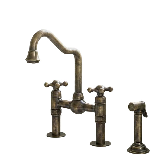 Handmade Antique Brass Heritage Bridge Kitchen Faucet - S-Curve Spout - Brasska
