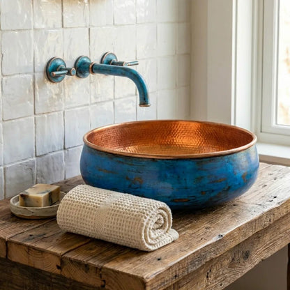 Handmade Blue Patina Copper Vessel Sink – Round Bathroom Basin - Brasska