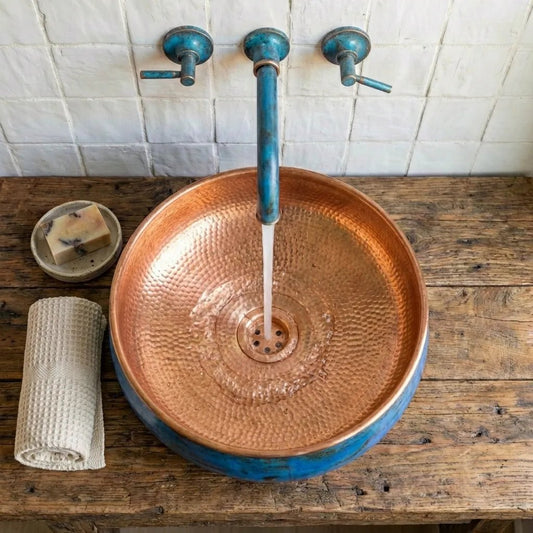 Handmade Blue Patina Copper Vessel Sink – Round Bathroom Basin - Brasska
