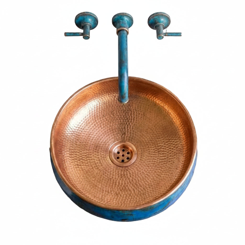 Handmade Blue Patina Copper Vessel Sink – Round Bathroom Basin - Brasska