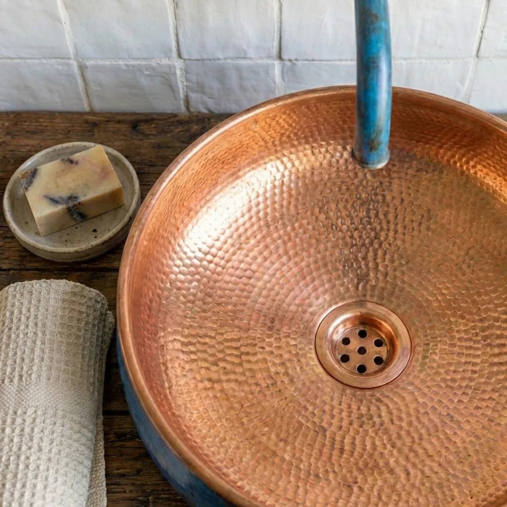 Handmade Blue Patina Copper Vessel Sink – Round Bathroom Basin - Brasska