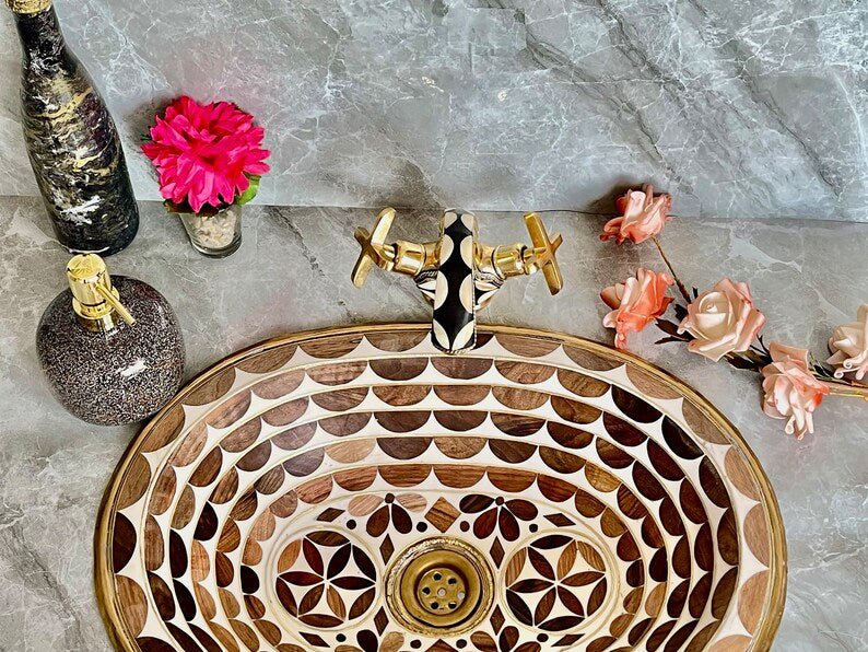 Handmade Brass Faucet – Wall Mount Solid Unlacquered Brass Tap | Geometric Inlay Design - Brasska