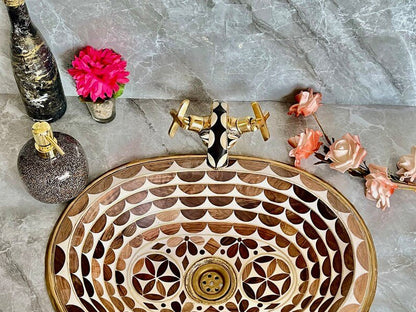 Handmade Brass Faucet – Wall Mount Solid Unlacquered Brass Tap | Geometric Inlay Design - Brasska