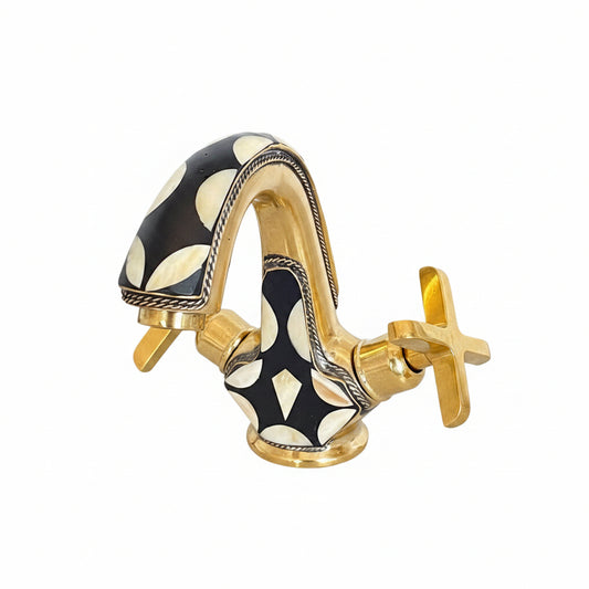 Handmade Brass Faucet – Wall Mount Solid Unlacquered Brass Tap | Geometric Inlay Design - Brasska