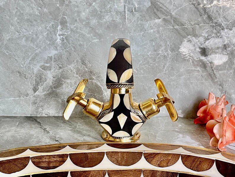 Handmade Brass Faucet – Wall Mount Solid Unlacquered Brass Tap | Geometric Inlay Design - Brasska