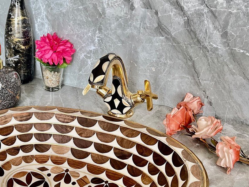 Handmade Brass Faucet – Wall Mount Solid Unlacquered Brass Tap | Geometric Inlay Design - Brasska