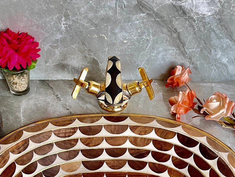 Handmade Brass Faucet – Wall Mount Solid Unlacquered Brass Tap | Geometric Inlay Design - Brasska