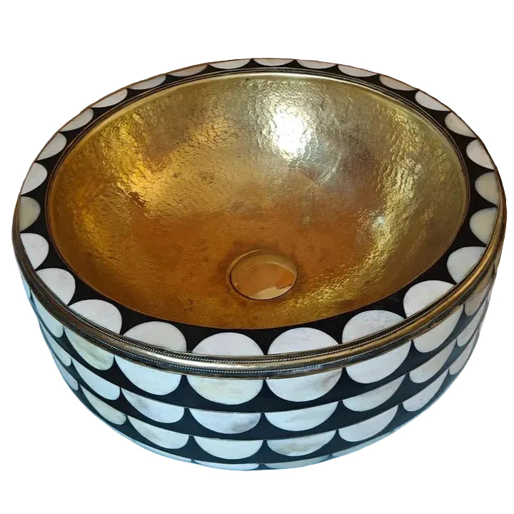 Handmade Brass & Inlay Vessel Sink – Decorative Round Bathroom Basin - Brasska