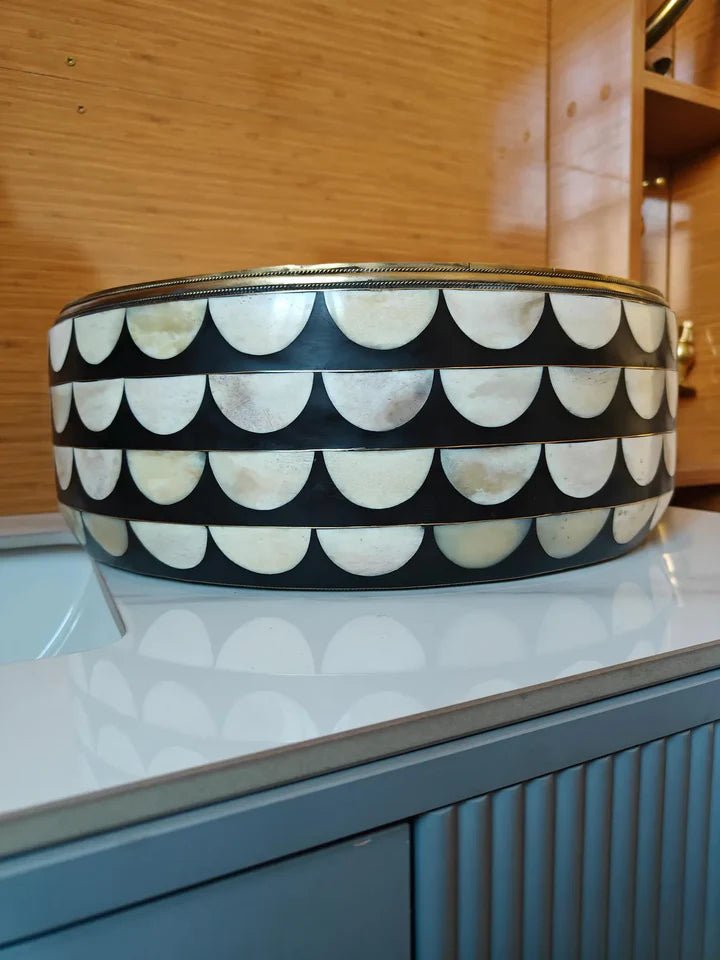 Handmade Brass & Inlay Vessel Sink – Decorative Round Bathroom Basin - Brasska