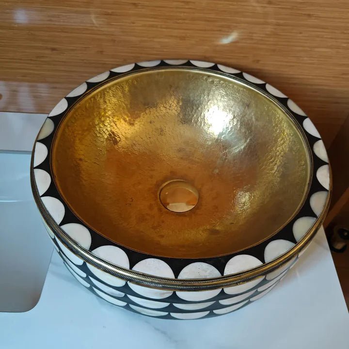 Handmade Brass & Inlay Vessel Sink – Decorative Round Bathroom Basin - Brasska