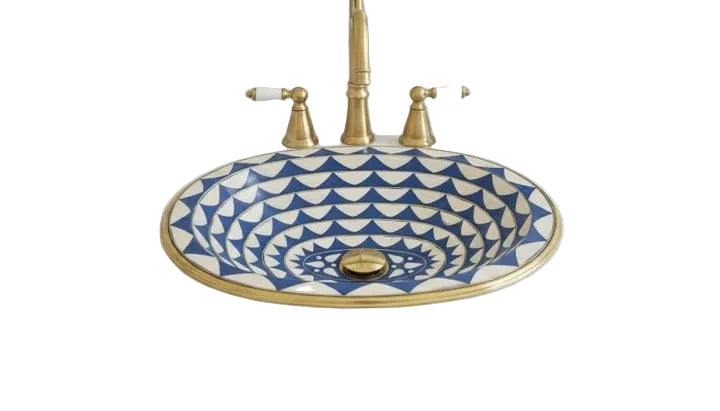 Handmade Brass Sink with Blue and White Geometric Design - Brasska