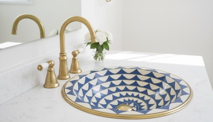 Handmade Brass Sink with Blue and White Geometric Design - Brasska