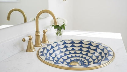 Handmade Brass Sink with Blue and White Geometric Design - Brasska