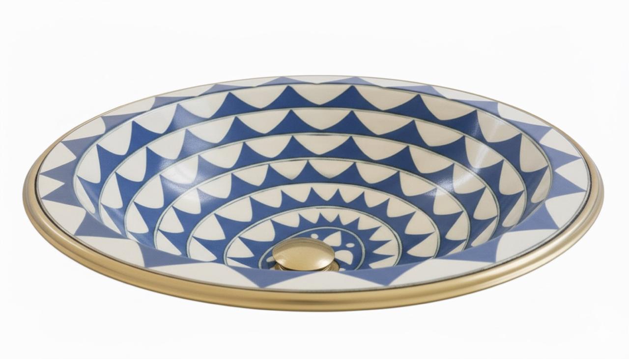 Handmade Brass Sink with Blue and White Geometric Design - Brasska