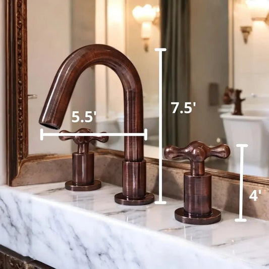 Handmade Brass Widespread Bathroom Faucet – 3 Hole Basin Mixer with Cross Handles - Brasska