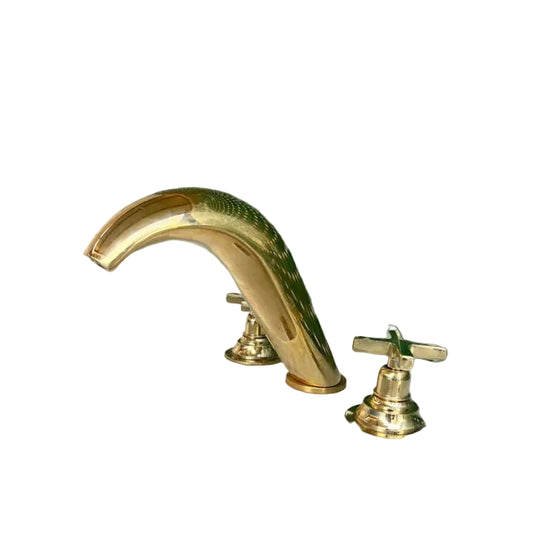 Handmade Brass Widespread Bathroom Faucet – Curved Spout with Cross Handles - Brasska