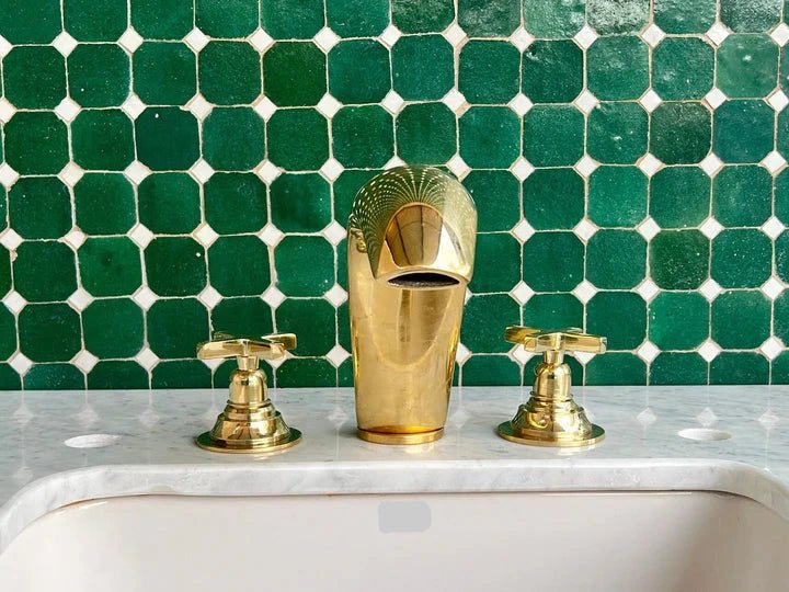 Handmade Brass Widespread Bathroom Faucet – Curved Spout with Cross Handles - Brasska
