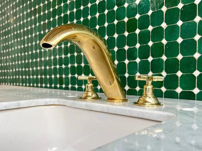 Handmade Brass Widespread Bathroom Faucet – Curved Spout with Cross Handles - Brasska