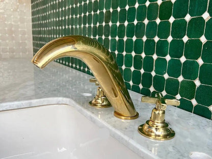 Handmade Brass Widespread Bathroom Faucet – Curved Spout with Cross Handles - Brasska