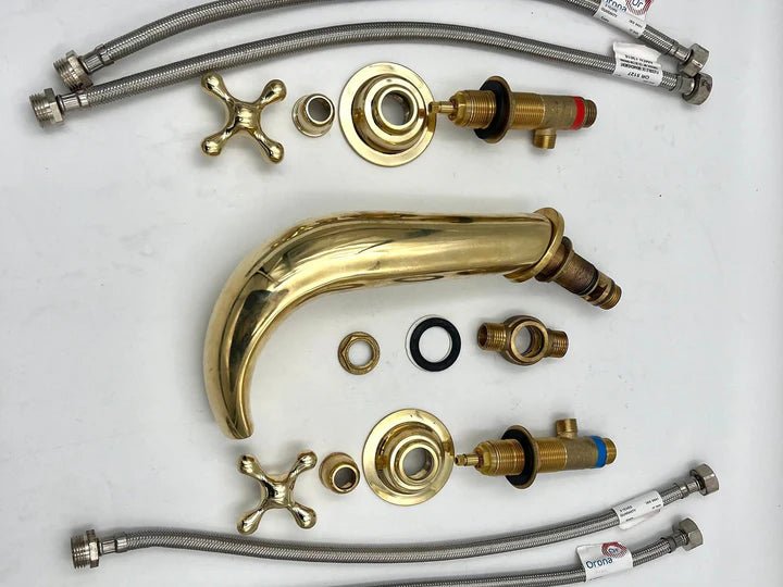 Handmade Brass Widespread Bathroom Faucet – Curved Spout with Cross Handles - Brasska