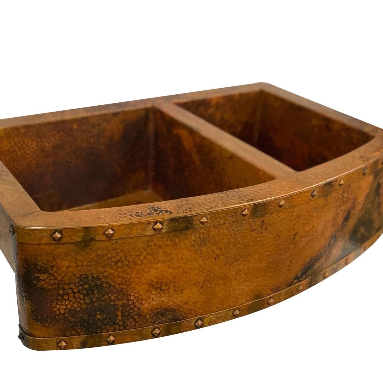 Handmade Copper Double Bowl Farmhouse Sink – Apron Front with Decorative Rivets - Brasska
