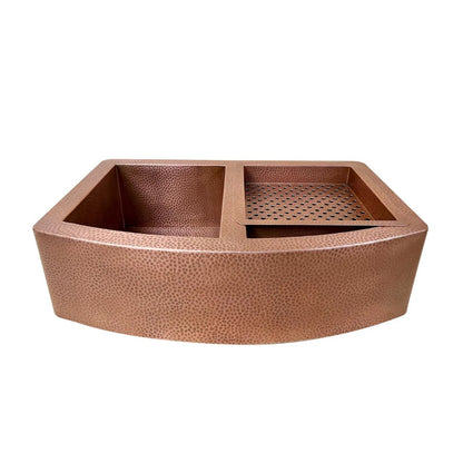 Handmade Copper Double Bowl Farmhouse Sink with Integrated Drainboard – Hammered Finish - Brasska