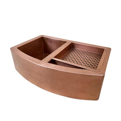 Handmade Copper Double Bowl Farmhouse Sink with Integrated Drainboard – Hammered Finish - Brasska