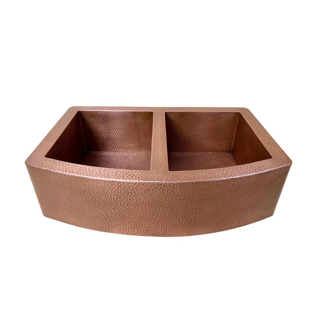 Handmade Copper Double Bowl Farmhouse Sink with Integrated Drainboard – Hammered Finish - Brasska