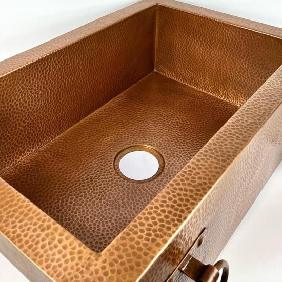 Handmade Copper Farmhouse Sink with Decorative Handles – Hammered Finish - Brasska